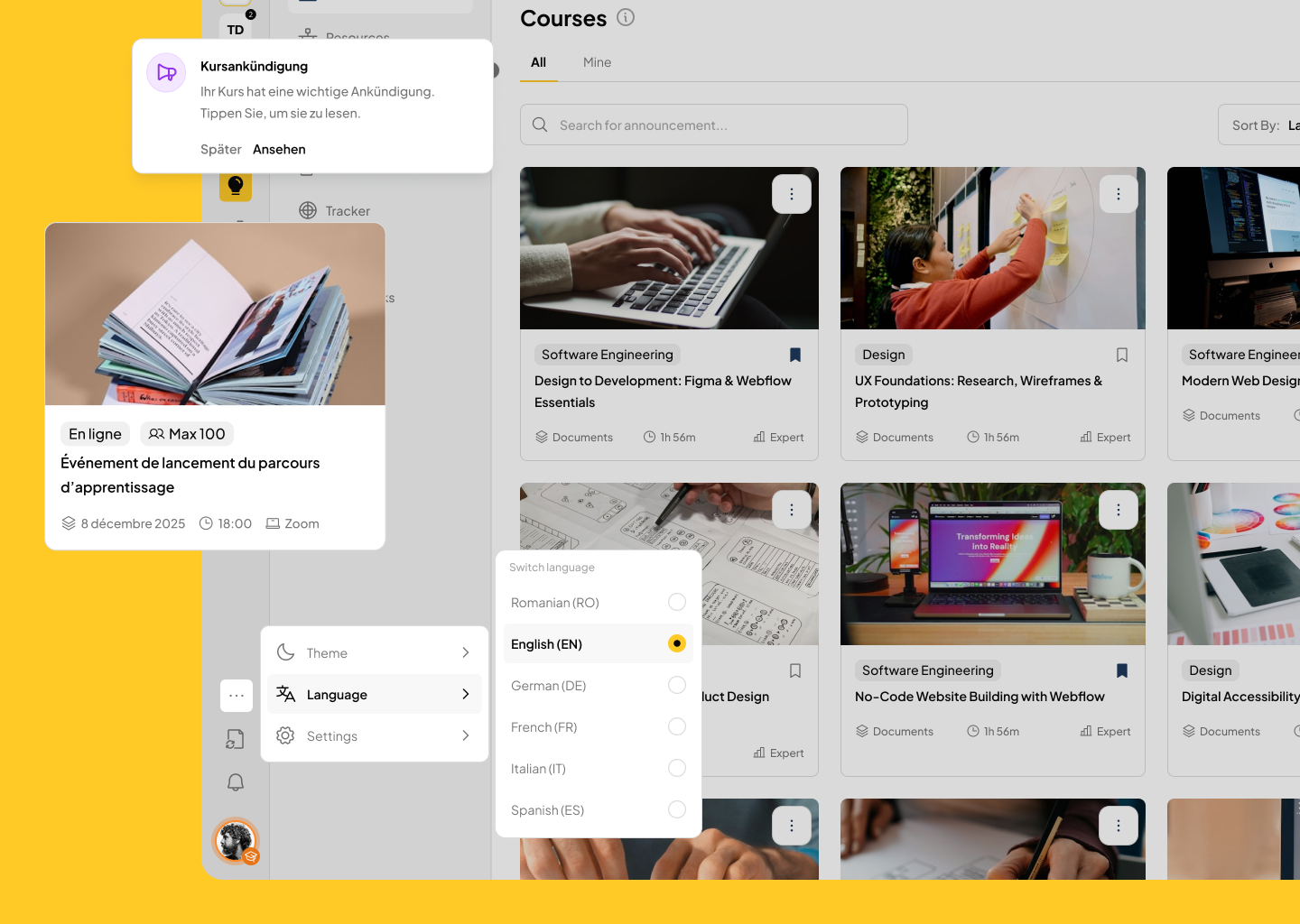 Features-Multi-language support Screenshot of an online learning platform showcasing courses in software engineering, design, and web development with a focus on digital skills training.