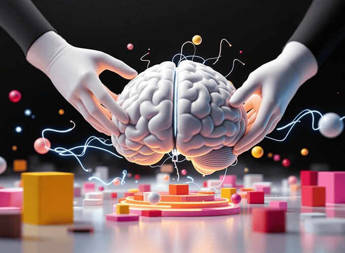 Innovative digital art of a human brain with neural connections, surrounded by colorful geometric shapes, representing creativity, intelligence, and diverse skills.