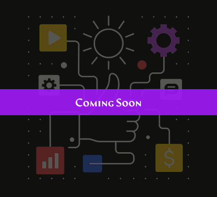 Coming Soon placeholder image with a dark background, featuring interconnected icons representing creativity, technology, and innovation, with a purple "Coming Soon" banner.