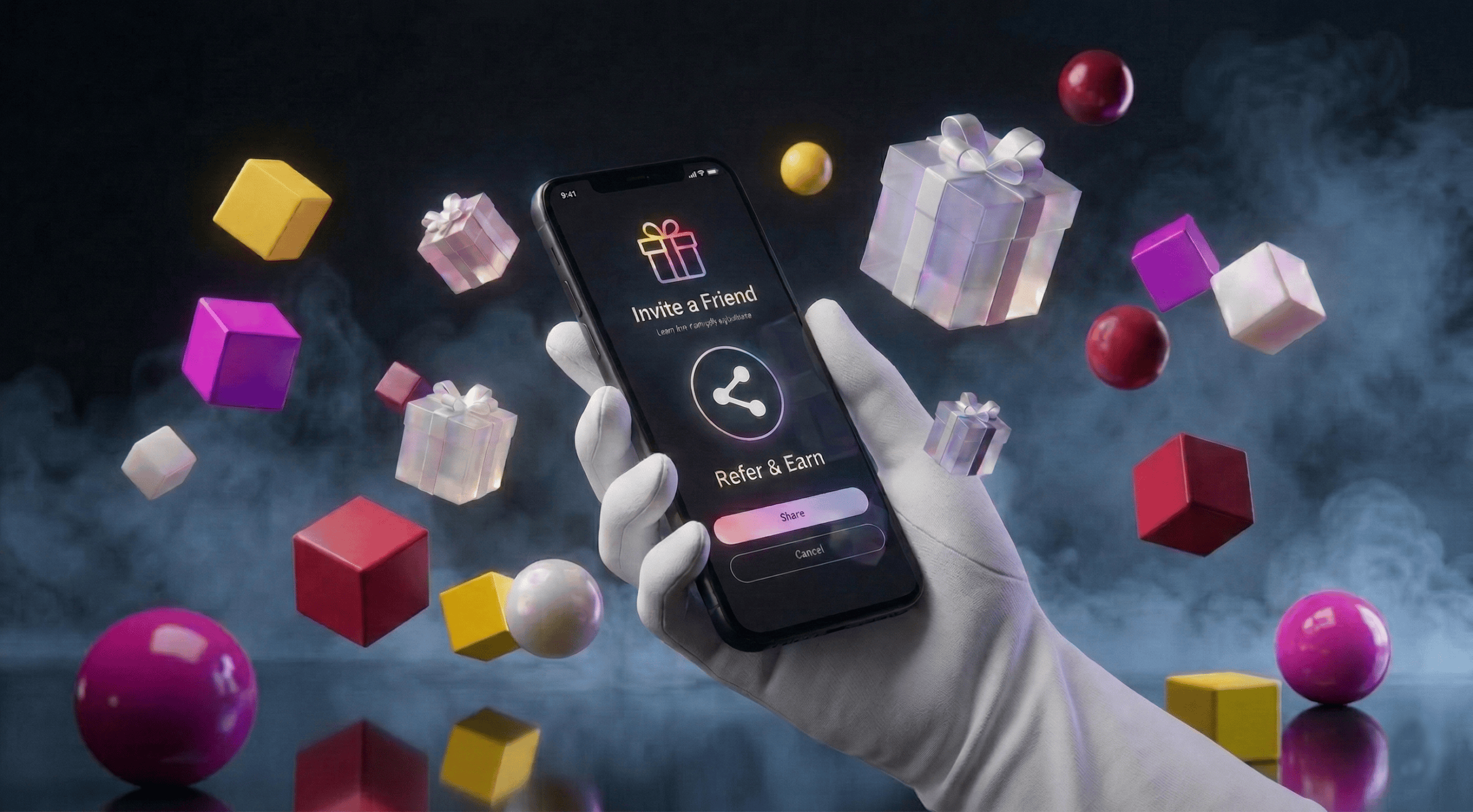 Membership-Referral-Rewards Smartphone displaying a "Write a Friend" app with options to connect, share, and earn, surrounded by colorful gift boxes and spheres, symbolizing social interaction and rewards.