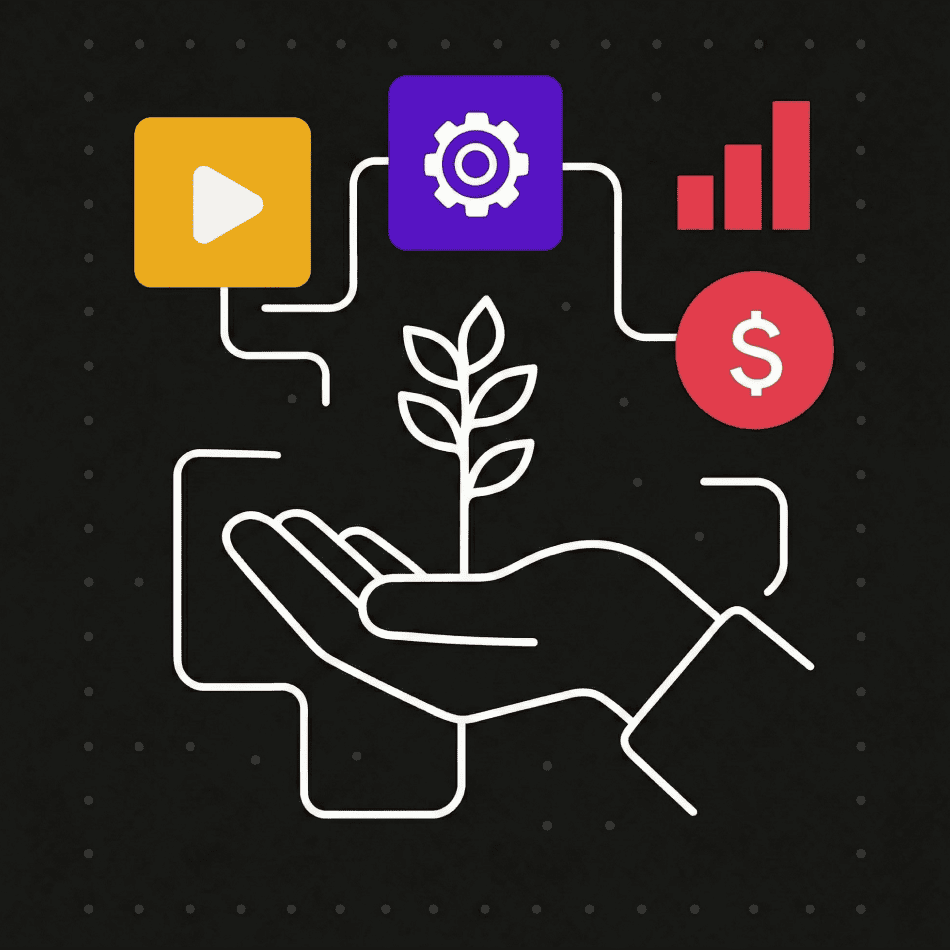 Plant Growth and Digital Success Concept Illustration of a hand nurturing a plant with icons representing video, settings, growth, and money, symbolizing digital growth and online success strategies.