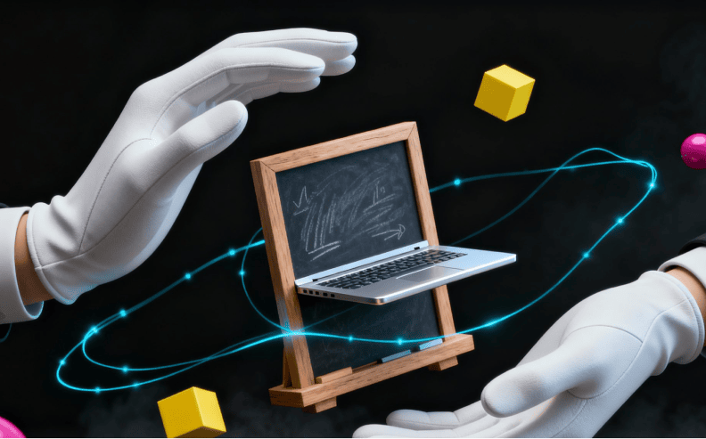 Innovative Tech Concept A futuristic digital illustration featuring a robotic hand, a miniature laptop on a stand, and floating geometric shapes representing technology and innovation.